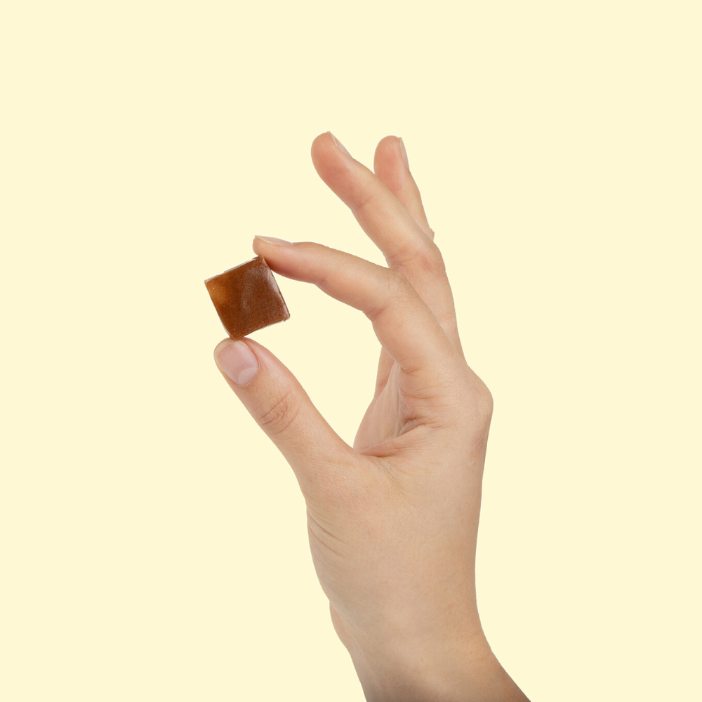 hand holding WonderBee + Mushroom chew