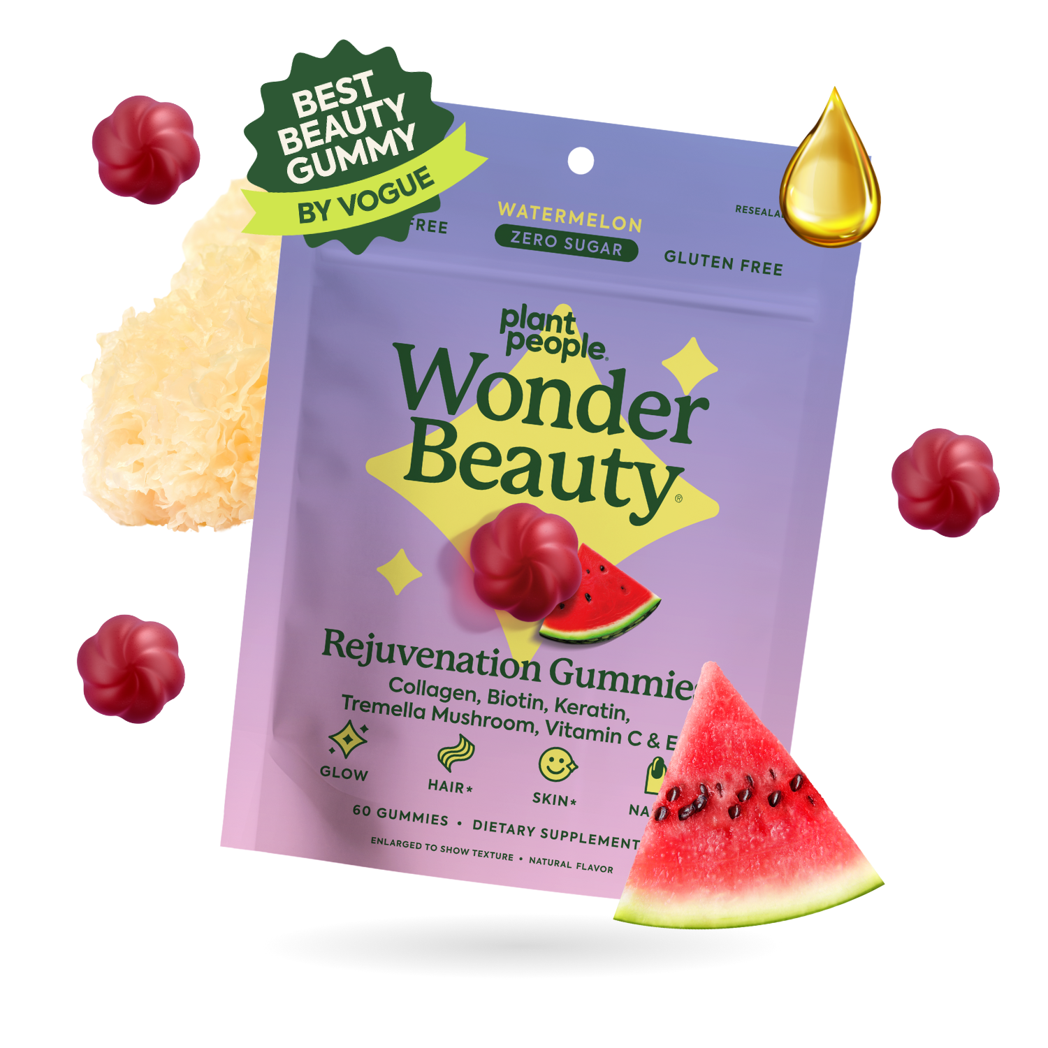 Purple package of Wonder Beauty gummies with watermelon slices and a droplet on a white background