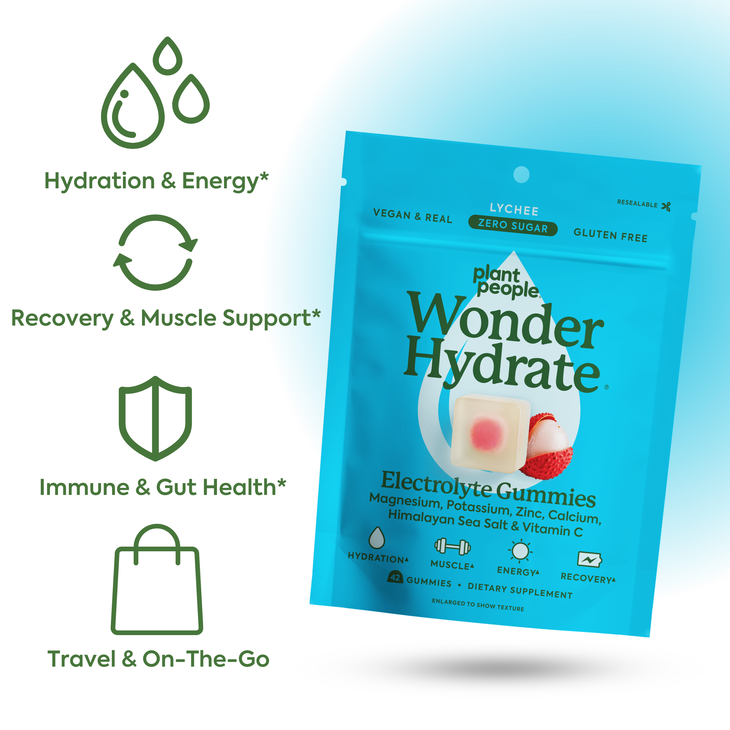 Plant People WonderHydrate Electrolyte Gummies - Hydration & Energy* Recovery & Muscle Support*, Immune & Gut Health*, Travel & On-The-Go Wellness