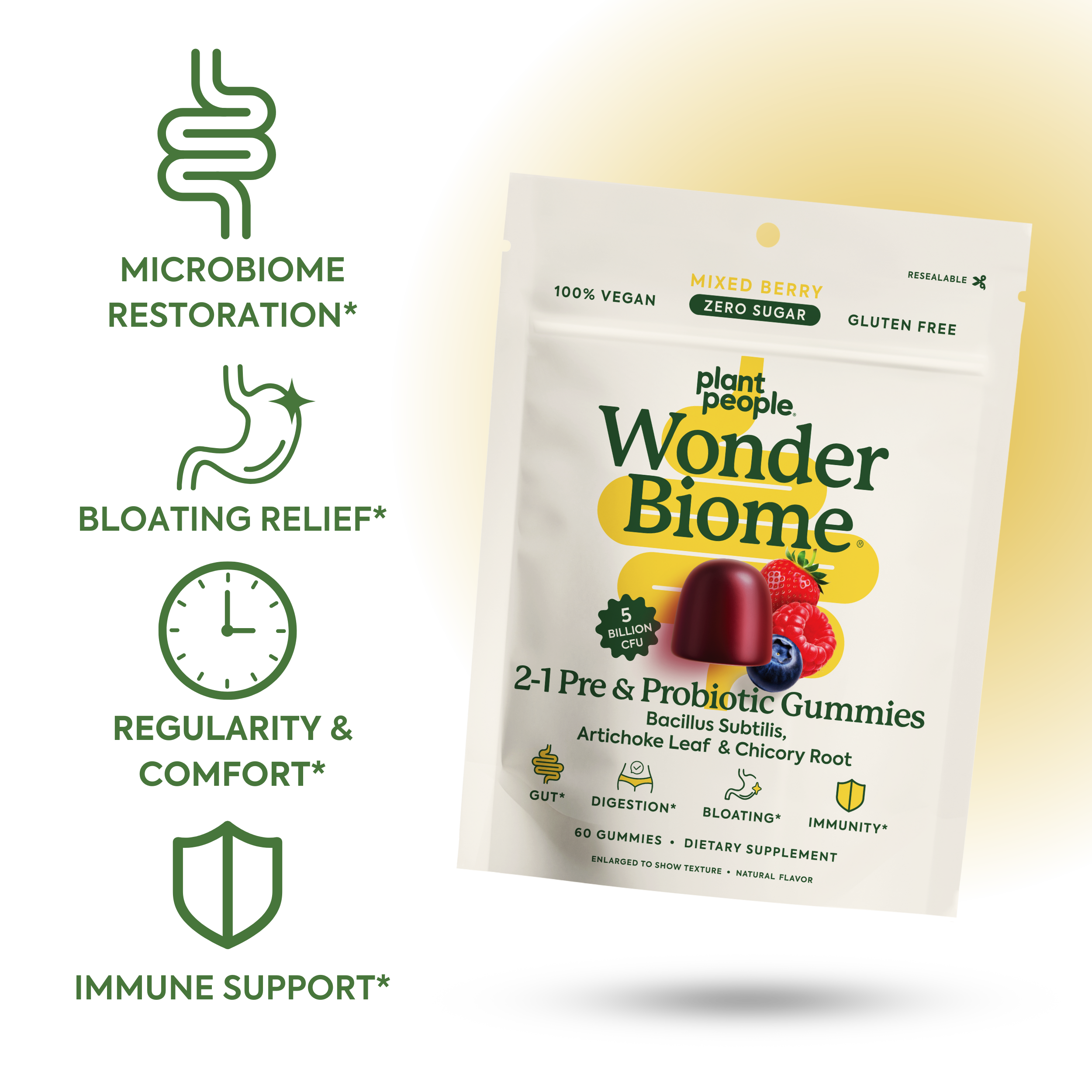 List of benefits of WonderBiome: Microbiome Restoration*, Bloating Relief*, Regularity & Comfort*, Immune Support*