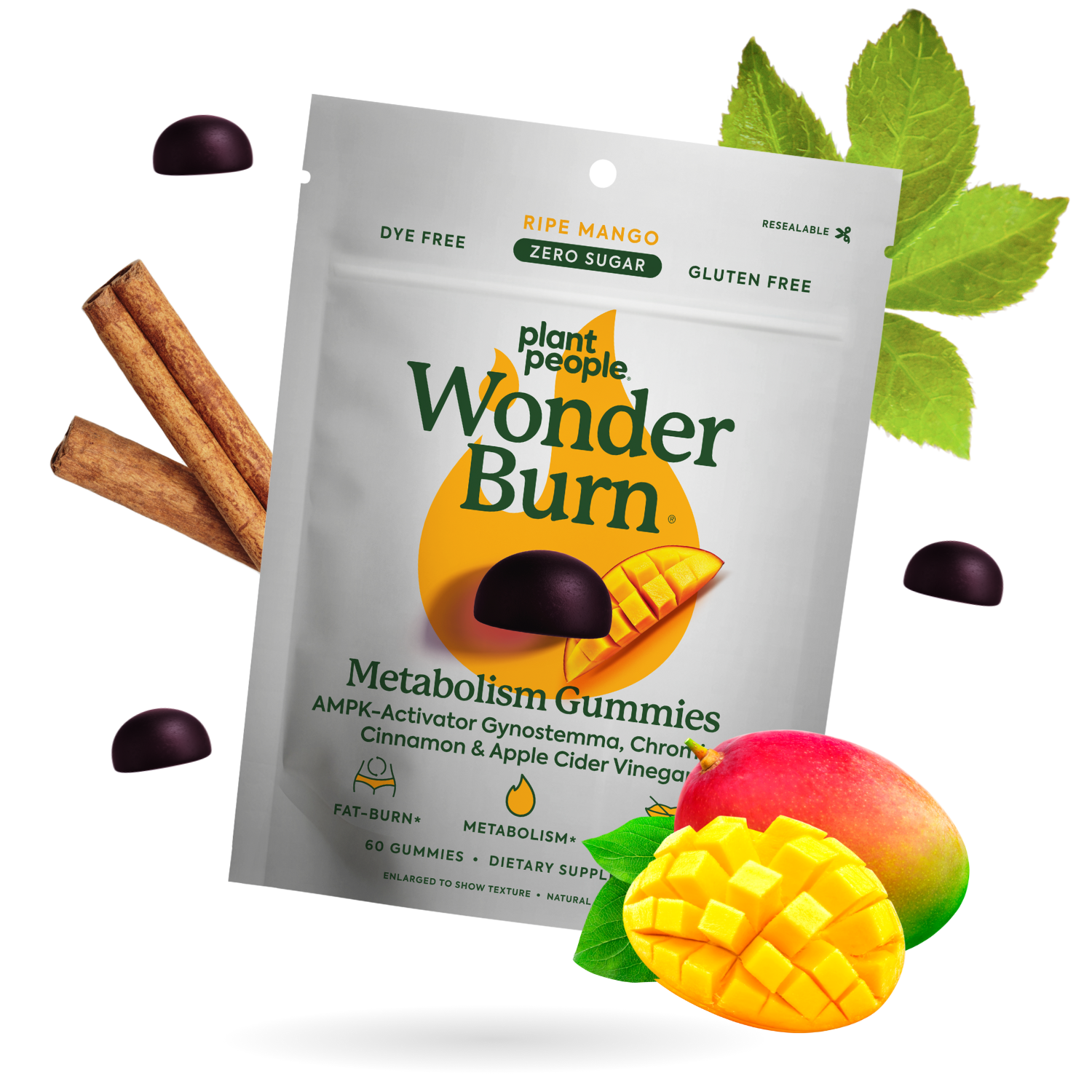 Package of Plant People Wonder Burn Metabolism Gummies with mangoes, cinnamon sticks, and leaves on a white background