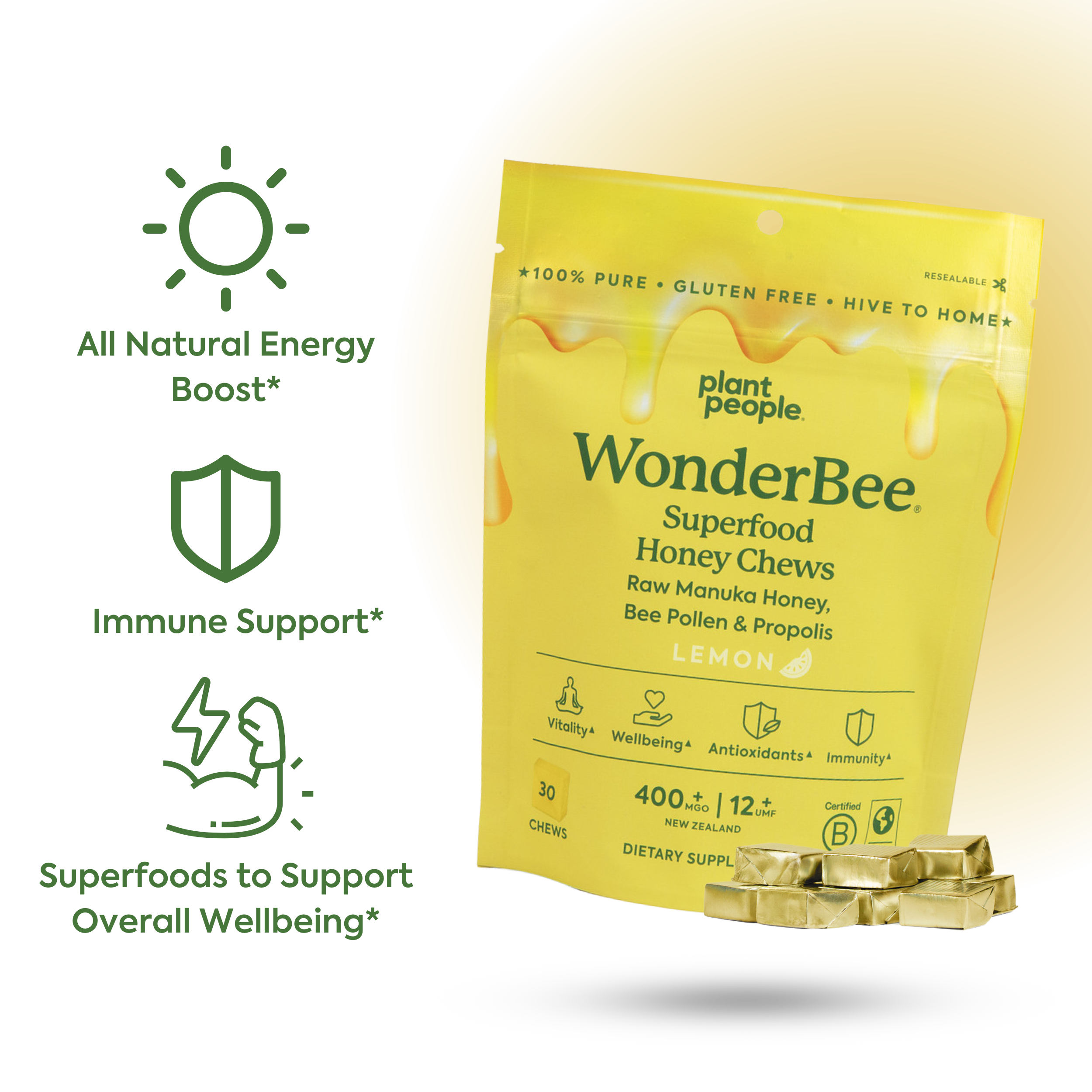 benefits of wonderbee chews, all natural energy boost, immune support, superfoods to support overall wellbeing