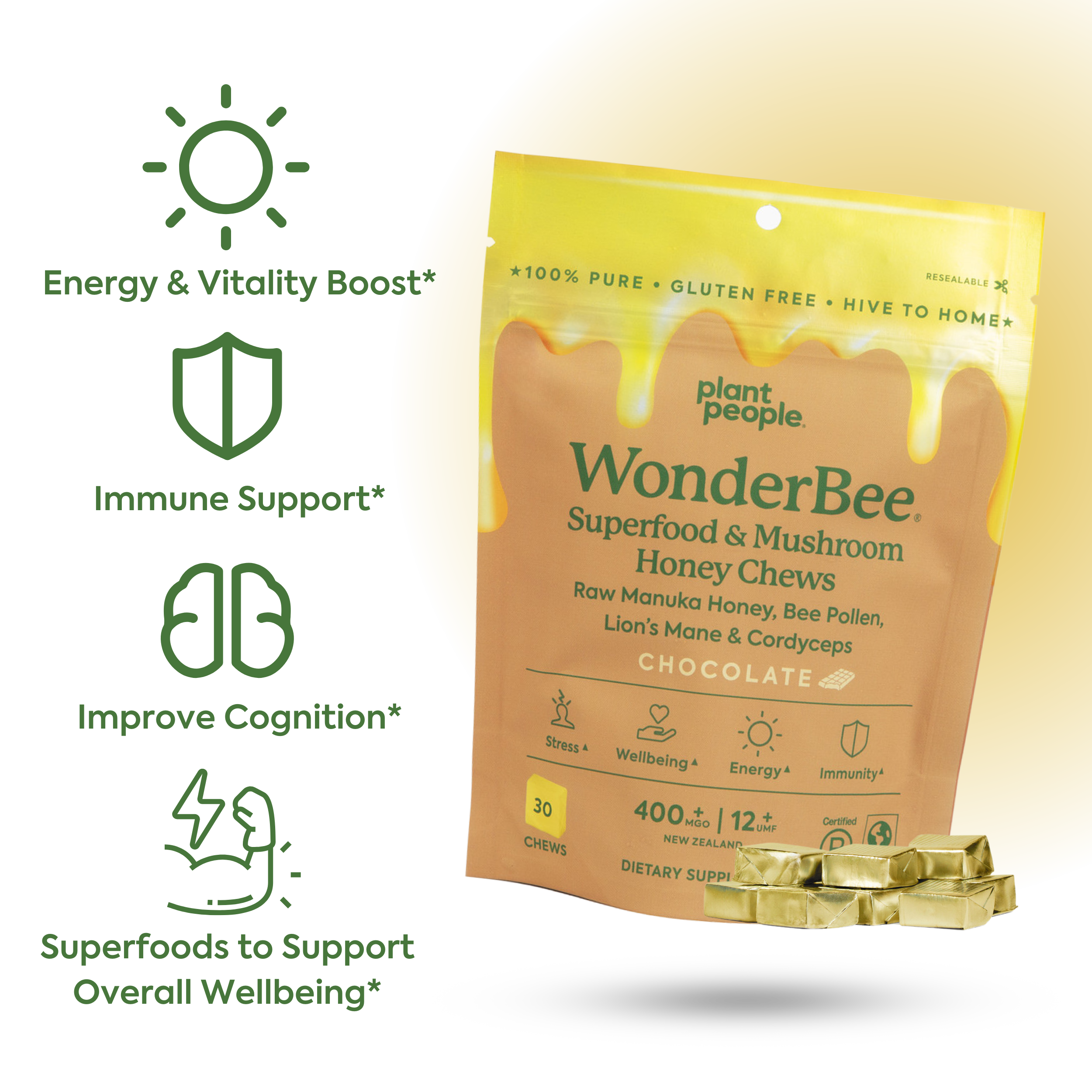 WonderBee Superfood and Mushroom Honey Chews' Benefits: Energy and Vitality boost, immune support, improve cognition, superfoods to support overall wellbeing
