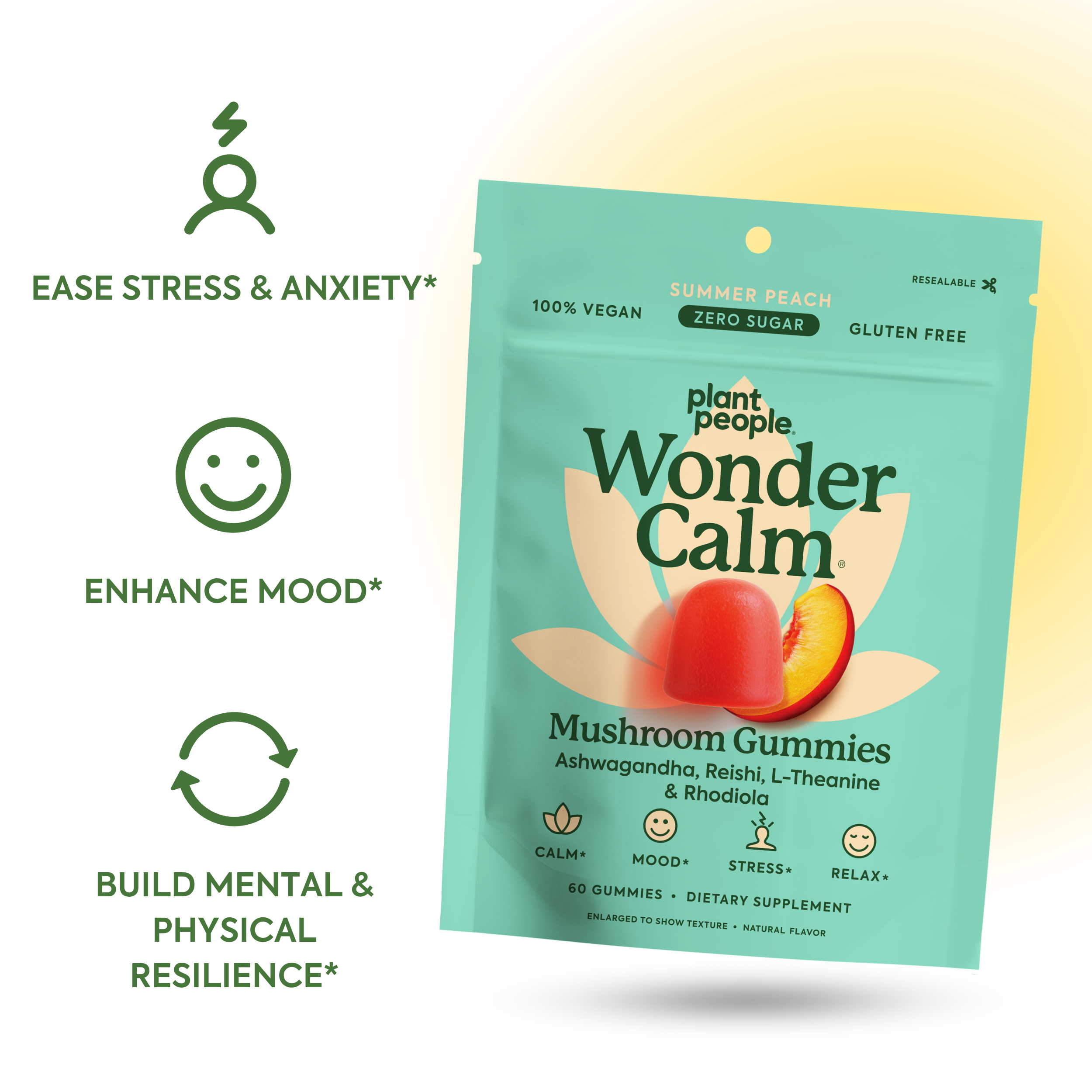 WonderCalm Mushroom Gummies-Plant People Benefits: Ease Stress and Anxiety, Enhance Mood, Build Mental and Physical Resilience