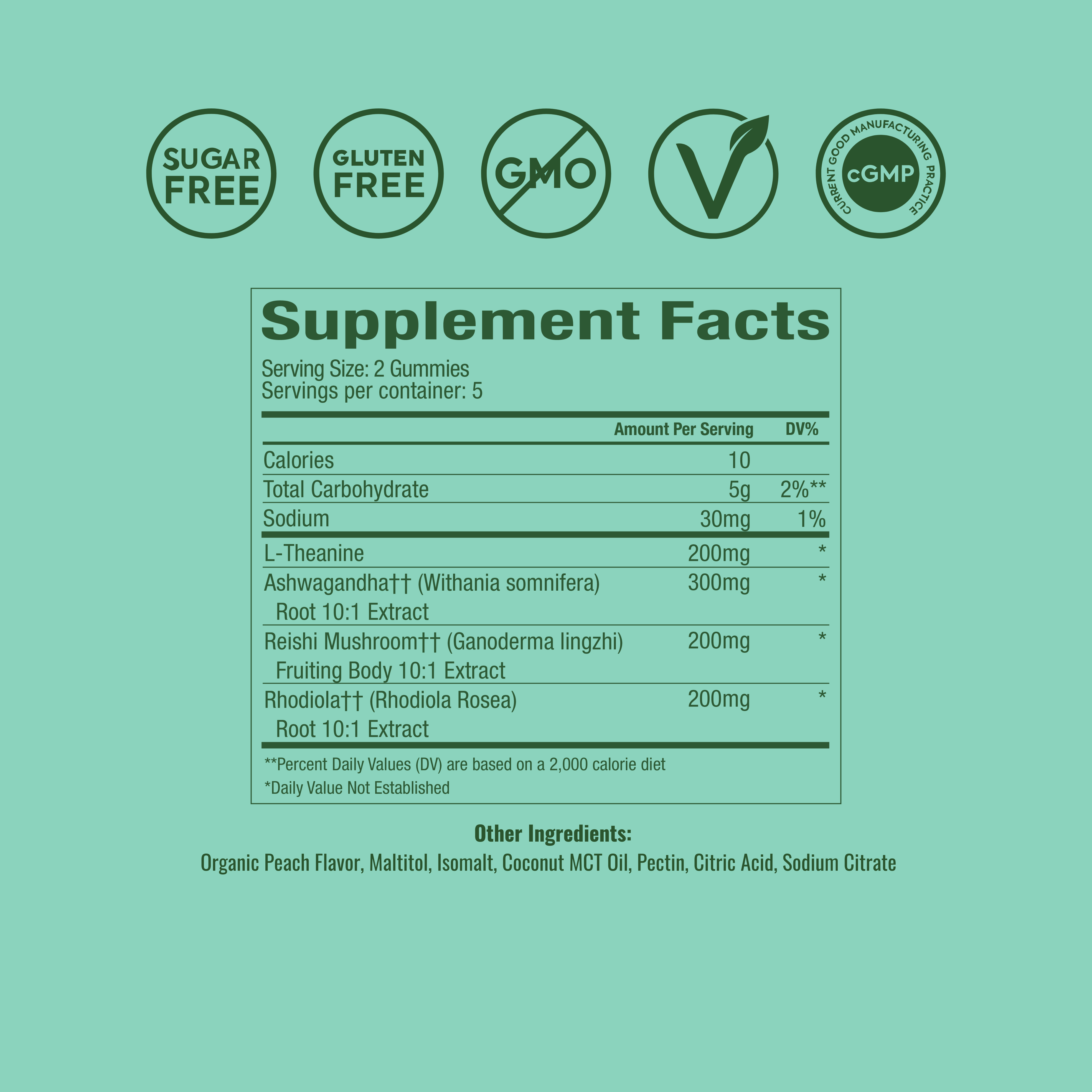 Supplement Facts
Serving Size: 2 Gummies
Servings Per Container: 30
Amount Per Serving	DV%
Calories	16
Total Carbohydrate	5g
Total Sugars	0g
—— Added Sugars	0g
Sodium	28mg
L-Theanine	200mg
Ashwagandha (Withania somnifera) Root 10:1 Extract	300mg
Reishi Mushroom (Ganoderma lingzhi) Fruiting Body 10:1 Extract	200mg
Rhodiola (Rhodiola Rosea) Root 10:1 Extract	200mg
†† Percent Daily Values (DV) are based on a 2,000-calorie diet.
Daily Value Not Established
++ Each Serving Contains 7,000mg Dry Herb and Mushroom