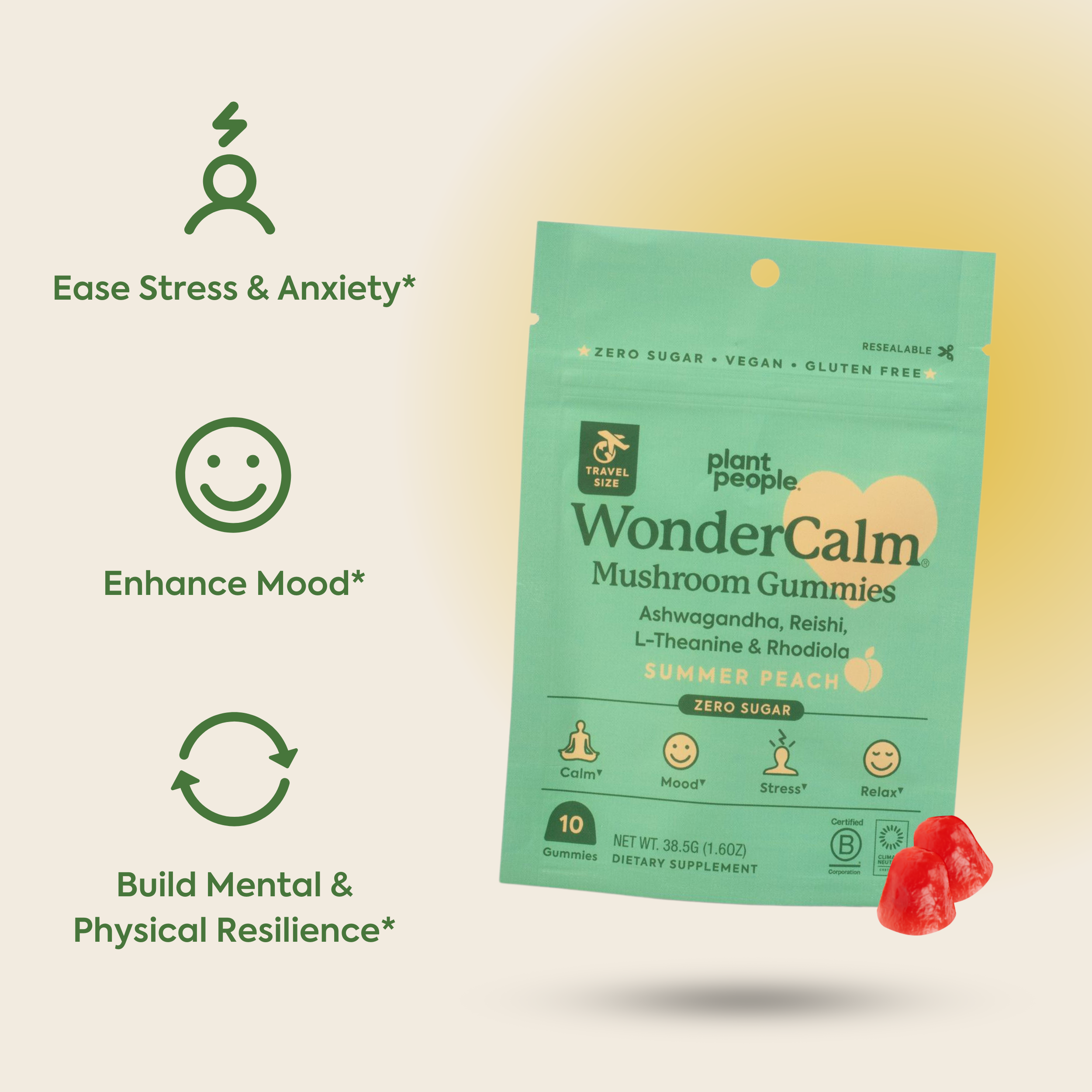 WonderCalm Mushroom Gummies-Plant People Benefits: Ease Stress and Anxiety, Enhance Mood, Build Mental and Physical Resilience