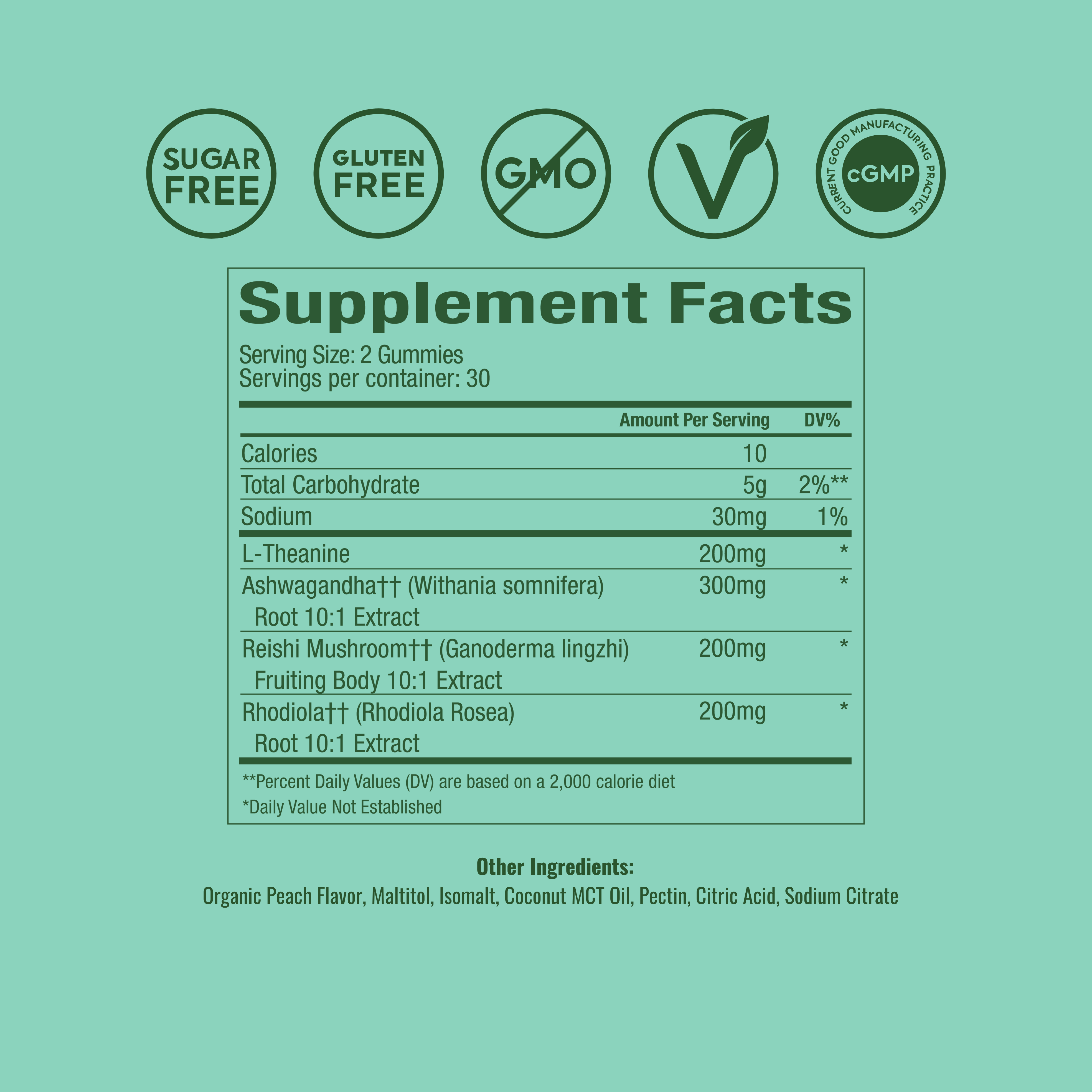 Supplement Facts
Serving Size: 2 Gummies
Servings Per Container: 30
Amount Per Serving	DV%
Calories	16
Total Carbohydrate	5g
Total Sugars	0g
—— Added Sugars	0g
Sodium	28mg
L-Theanine	200mg
Ashwagandha (Withania somnifera) Root 10:1 Extract	300mg
Reishi Mushroom (Ganoderma lingzhi) Fruiting Body 10:1 Extract	200mg
Rhodiola (Rhodiola Rosea) Root 10:1 Extract	200mg
†† Percent Daily Values (DV) are based on a 2,000-calorie diet.
Daily Value Not Established
++ Each Serving Contains 7,000mg Dry Herb and Mushroom