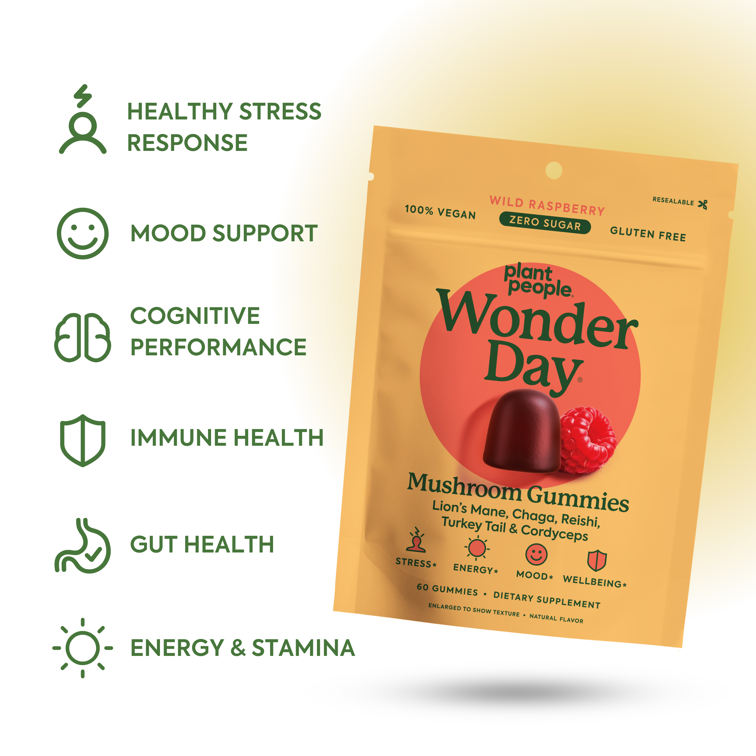 Standard strength, extra strength, WonderDay Benefits: healthy stress response, mood support, cognitive performance, immune health, gut health, energy and stamina*