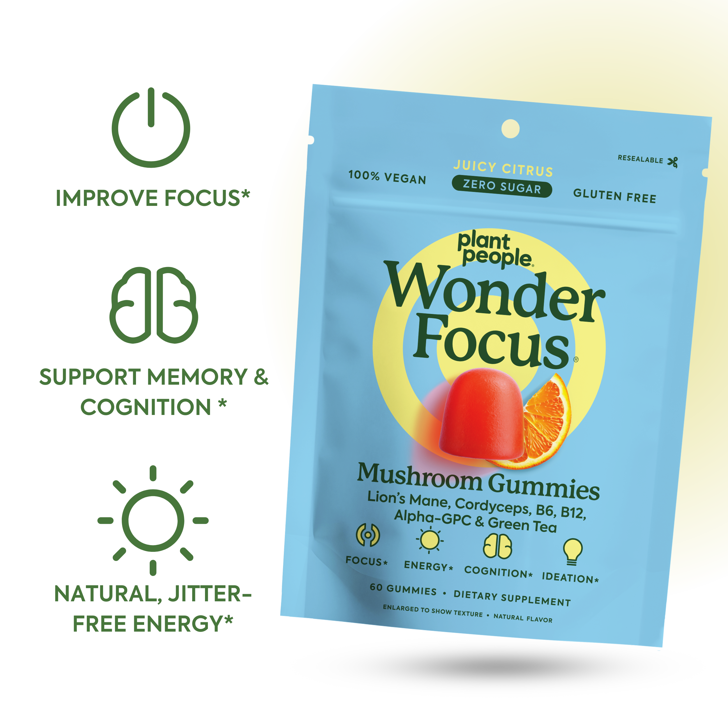 WonderFocus Mushroom Gummies-Plant People Benefits: Improve Focus*, Support memory and cognition*, natural, jitter-free energy*