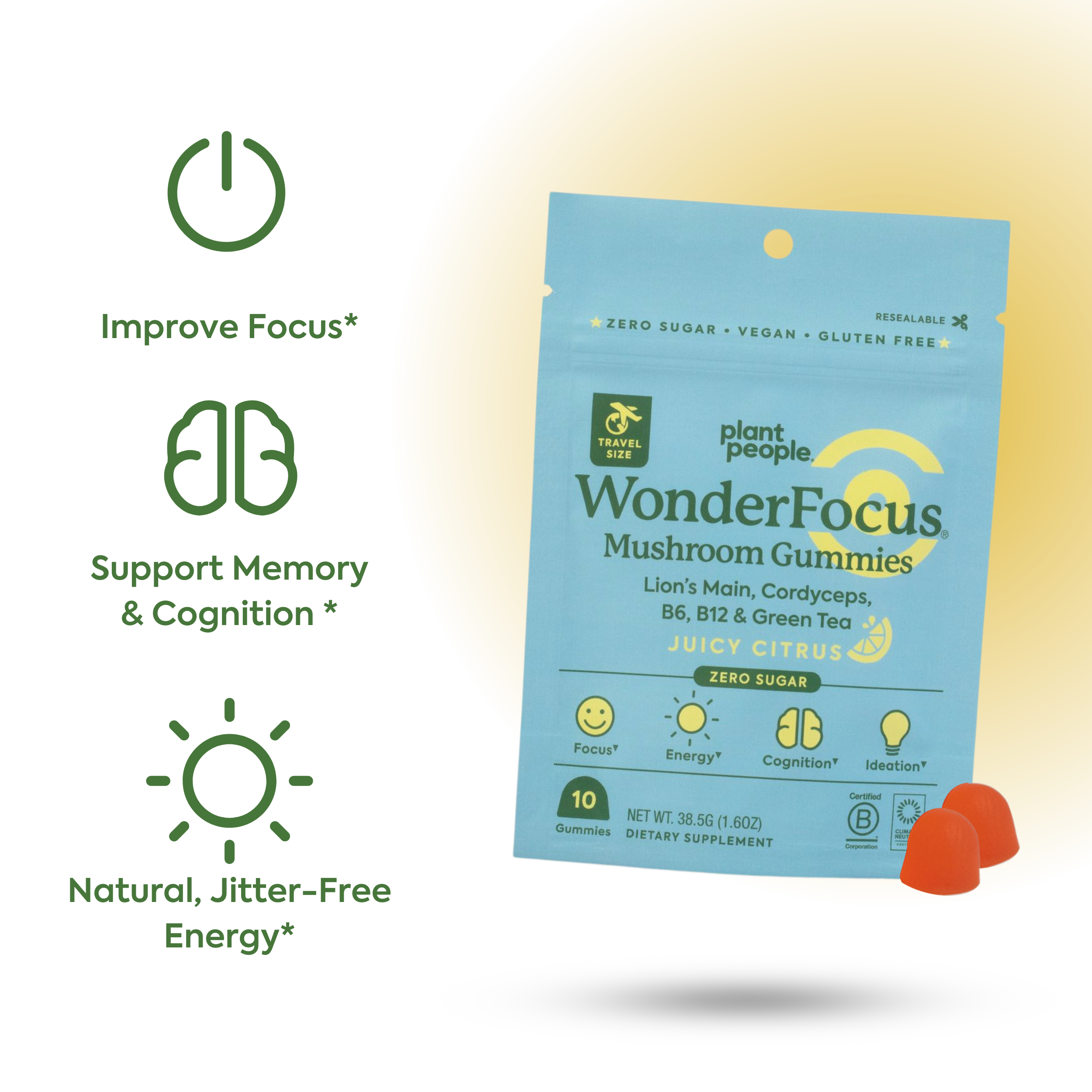 WonderFocus Mushroom Gummies: 5-Day Trial-Plant People Benefits: Improve Focus*, Support memory and cognition*, natural, jitter-free energy*