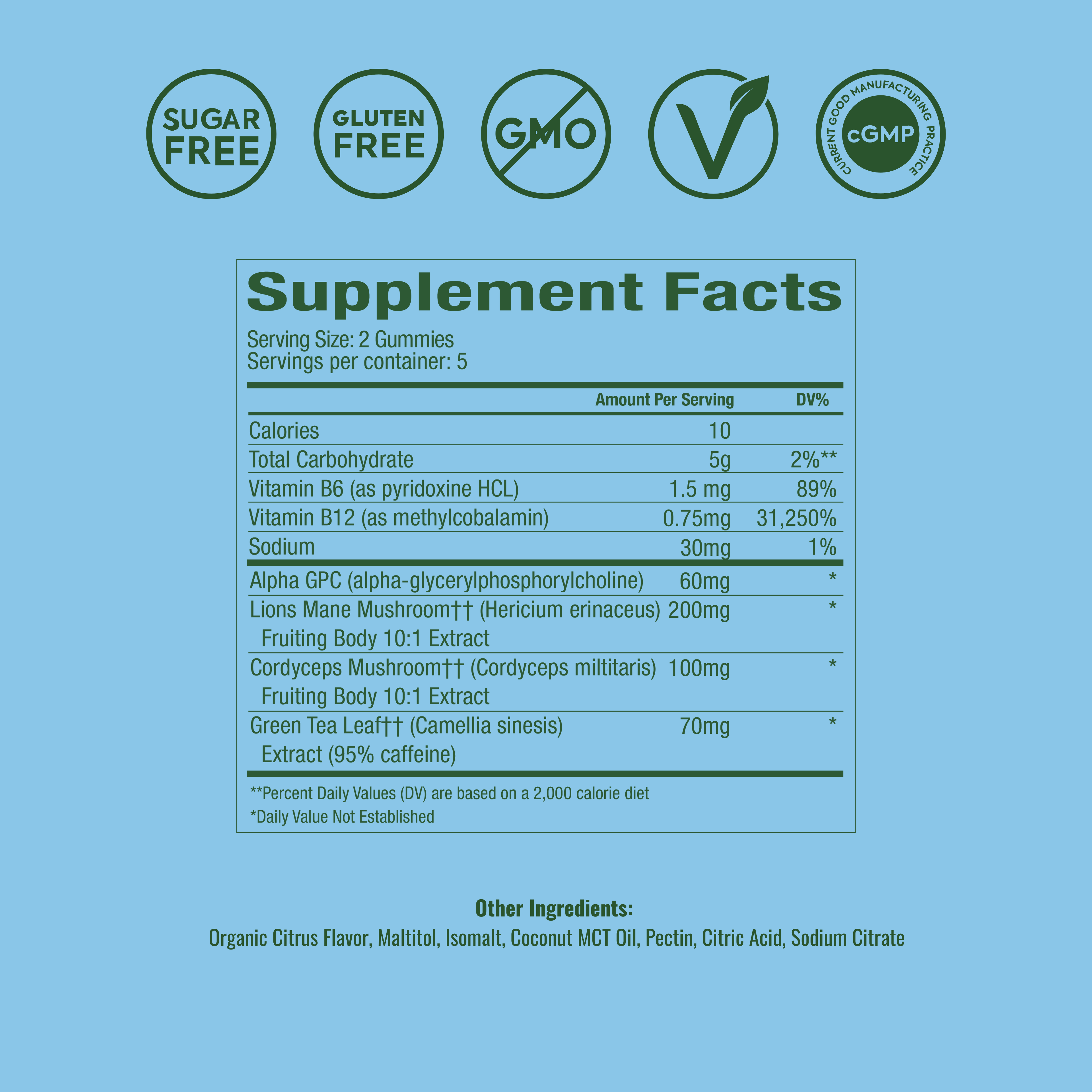 Supplement Facts
Serving Size: 2 Gummies
Servings per container: 5
Amount Per Serving | DV%
Calories: 10
Total Carbohydrate: 5g | 2%**
  Total Sugars: 0g | *
    Added Sugars: 0g | *
Sodium: 28mg | 1%**
Alpha GPC : 60mg | *
B6 (as pyridoxine HCL): 1,500mcg | 88.5%**
B12 (as methylcobalamin): 750mcg | 31,250%**
Lion’s Mane Mushroom : 200mg | *
Cordyceps Mushroom : 100mg | *
Green Tea Leaf  Extract (95% caffeine): 70mg | *