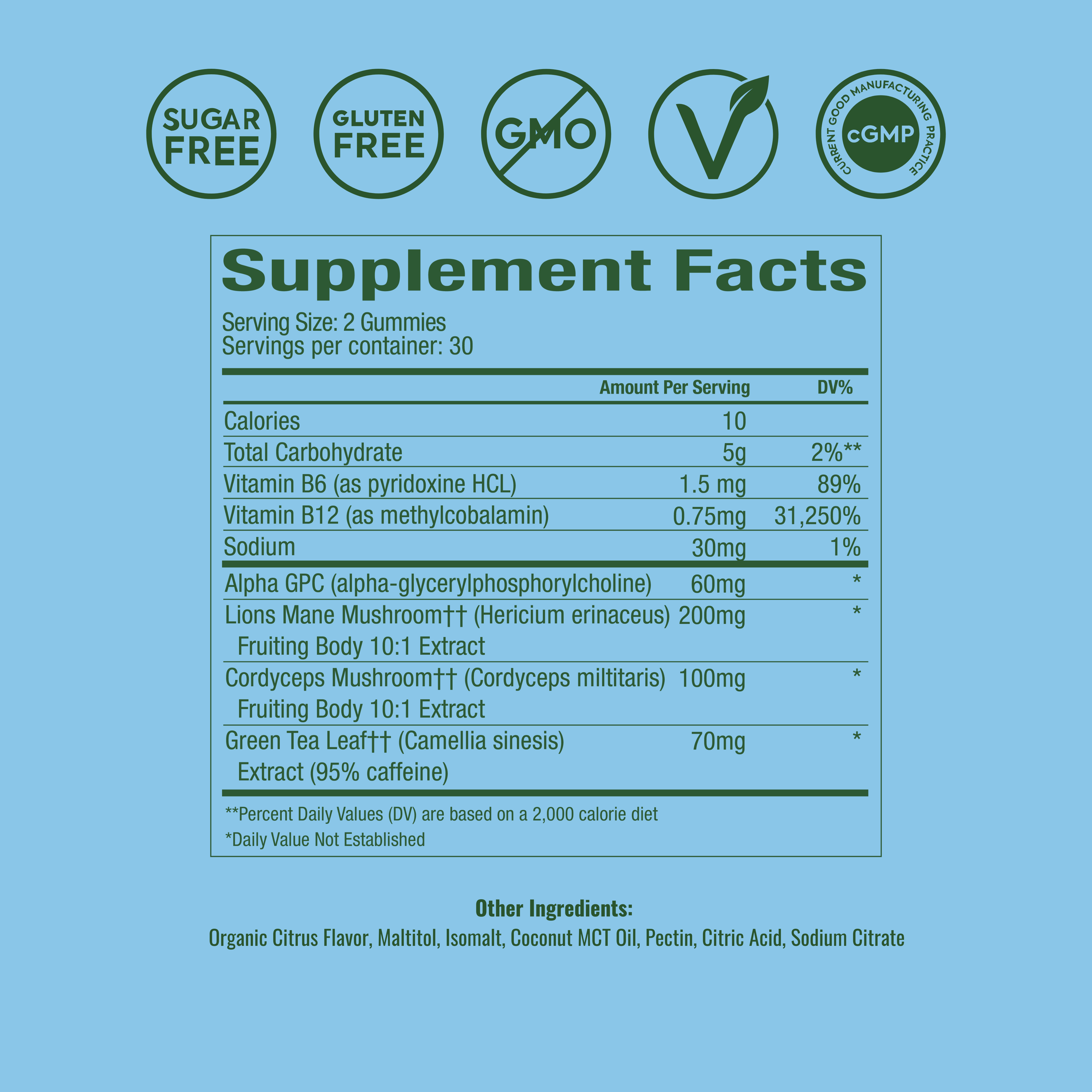 Supplement Facts
Serving Size: 2 Gummies
Servings per container: 30
Amount Per Serving | DV%
Calories: 10
Total Carbohydrate: 5g | 2%**
  Total Sugars: 0g | *
    Added Sugars: 0g | *
Sodium: 28mg | 1%**
Alpha GPC : 60mg | *
B6 (as pyridoxine HCL): 1,500mcg | 88.5%**
B12 (as methylcobalamin): 750mcg | 31,250%**
Lion’s Mane Mushroom : 200mg | *
Cordyceps Mushroom : 100mg | *
Green Tea Leaf  Extract (95% caffeine): 70mg | *