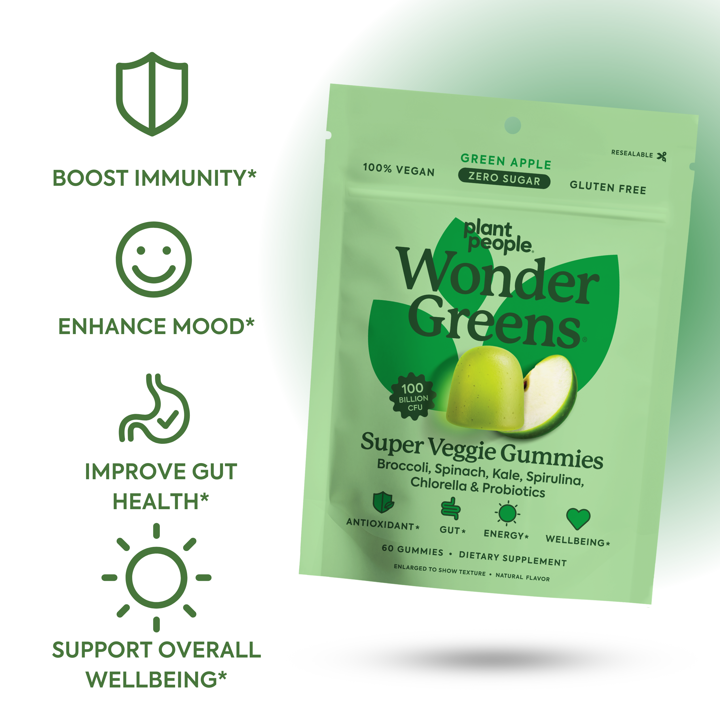 WonderGreens Veggie Gummies-Plant People Benefits: Boost immunity*, enhance mood*, improve gut health*, support overall wellbeing*