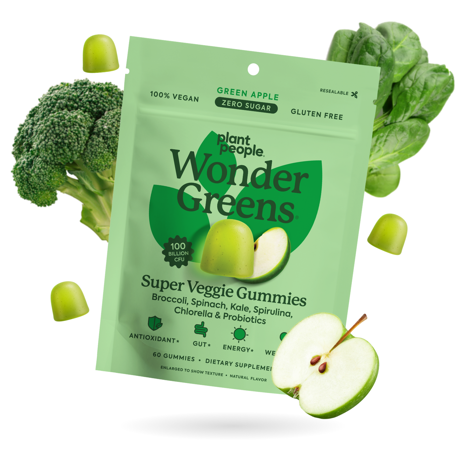 Packaging of Plant People Wonder Greens Super Veggie Gummies with green apple, broccoli, and spinach on a white background.