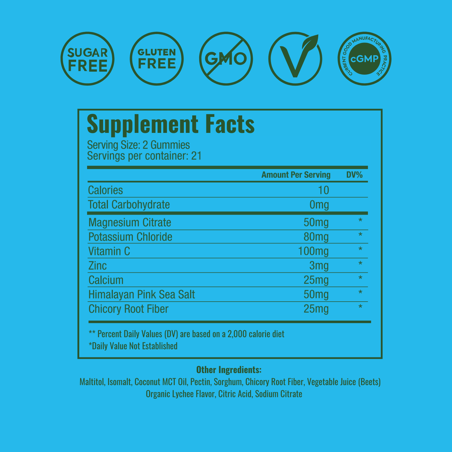 Active Ingredients:	Magnesium Citrate (50mg), Potassium Chloride (80mg), Vitamin C (100mg), Zinc (3mg), Calcium (25mg), Himalayan Pink Sea Salt (50mg) & Chicory Root Fiber (25mg)
Other Ingredients: 	Maltitol, Isomalt, Coconut MCT Oil, Pectin, Sorghum, Chicory Root Fiber, Vegetable Juice (Beets) Organic Lychee Flavor, Citric Acid, Sodium