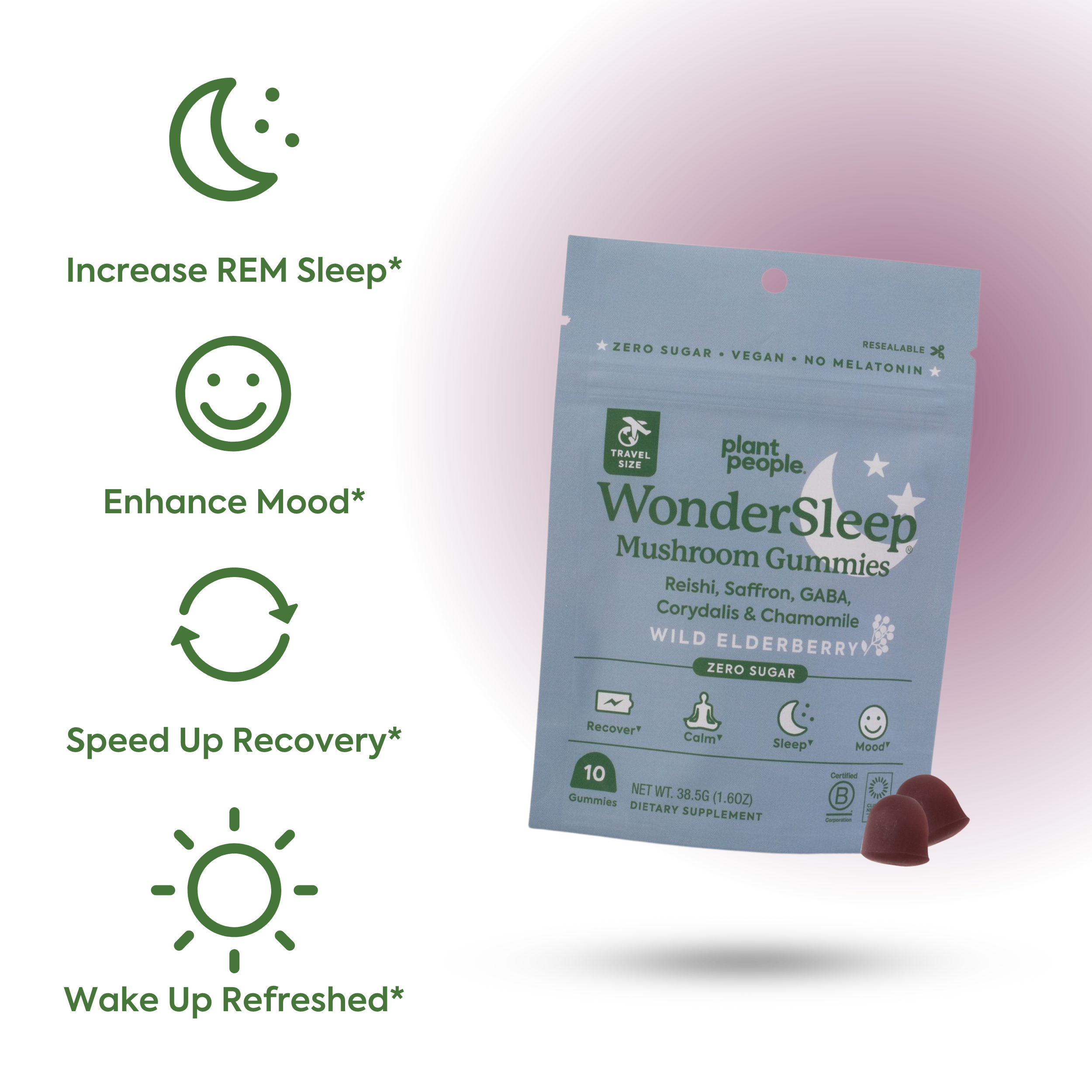 WonderSleep Mushroom Gummies: 5-Night Trial-Plant People Benefits: Increase REM Sleep*, Enhance mood*, speed up recovery* wake up refreshed*