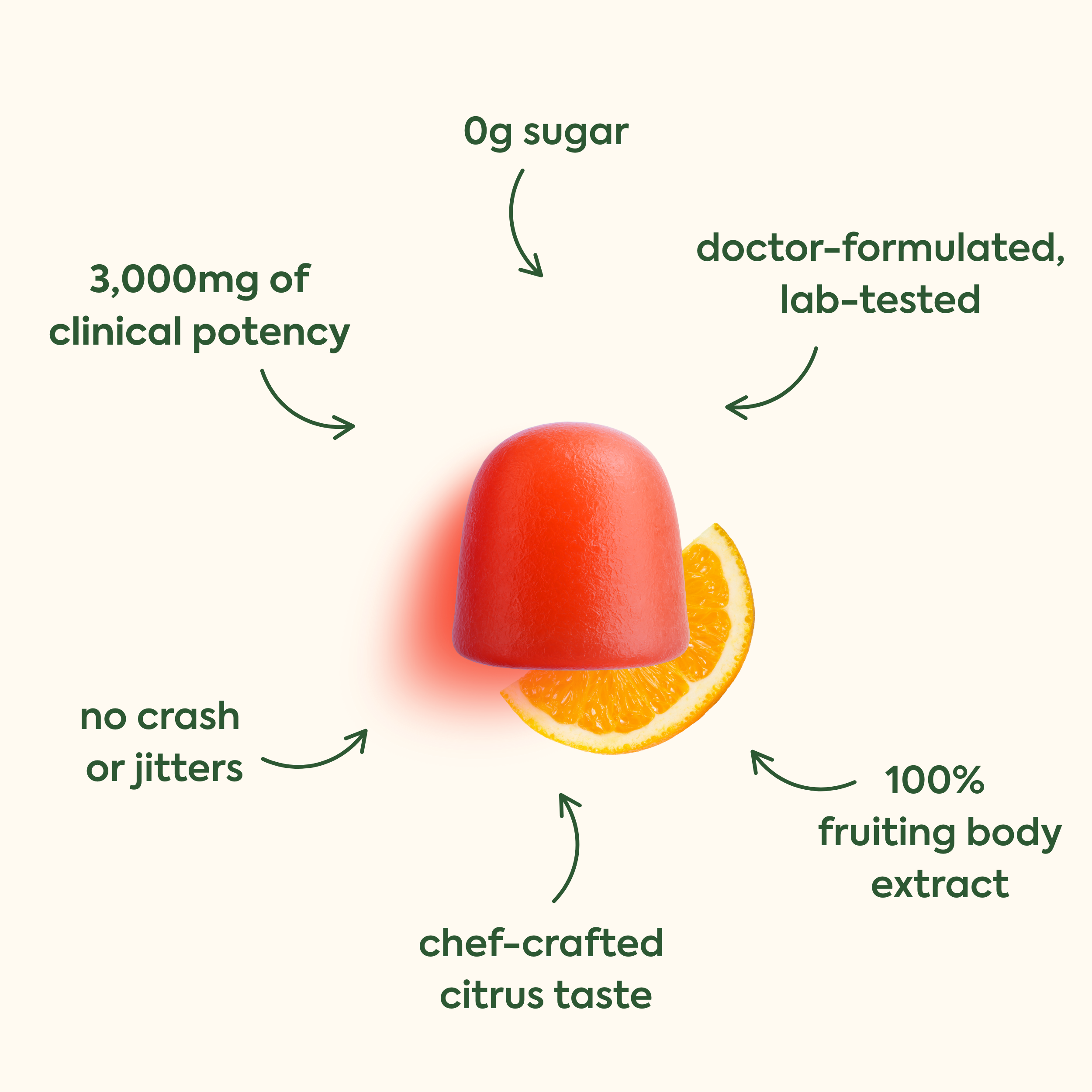 0g sugar (pointing down to the product)
3,000mg of clinical potency (pointing right to the product)
doctor-formulated, lab-tested (pointing left to the product)
no crash or jitters (pointing up-right to the product)
chef-crafted citrus taste (pointing up to the product)
100% fruiting body extract (pointing up-left to the product)
The image shows a orange/red colored gummy or supplement alongside an orange slice.