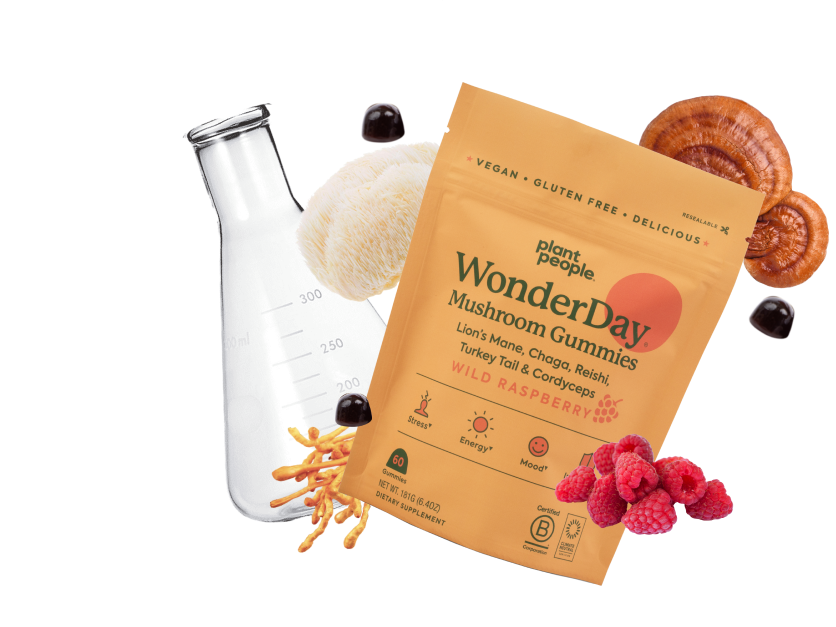 floating image of wonderday gummies with a beaker and all natural ingredients