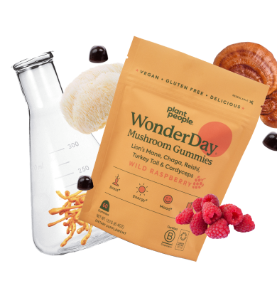 floating image of wonderday gummies with a beaker and all natural ingredients