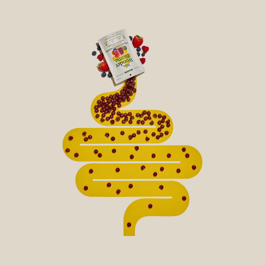 WonderBiome Pouring out gummies in the shape of a gut