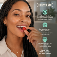 A woman with long dark braids is shown holding a small red gummy near her mouth, with overlaid usage instructions on a soft gray background. Text reads: 'HOW TO USE' and includes tips on timing, daily use, and long-term cortisol regulation.