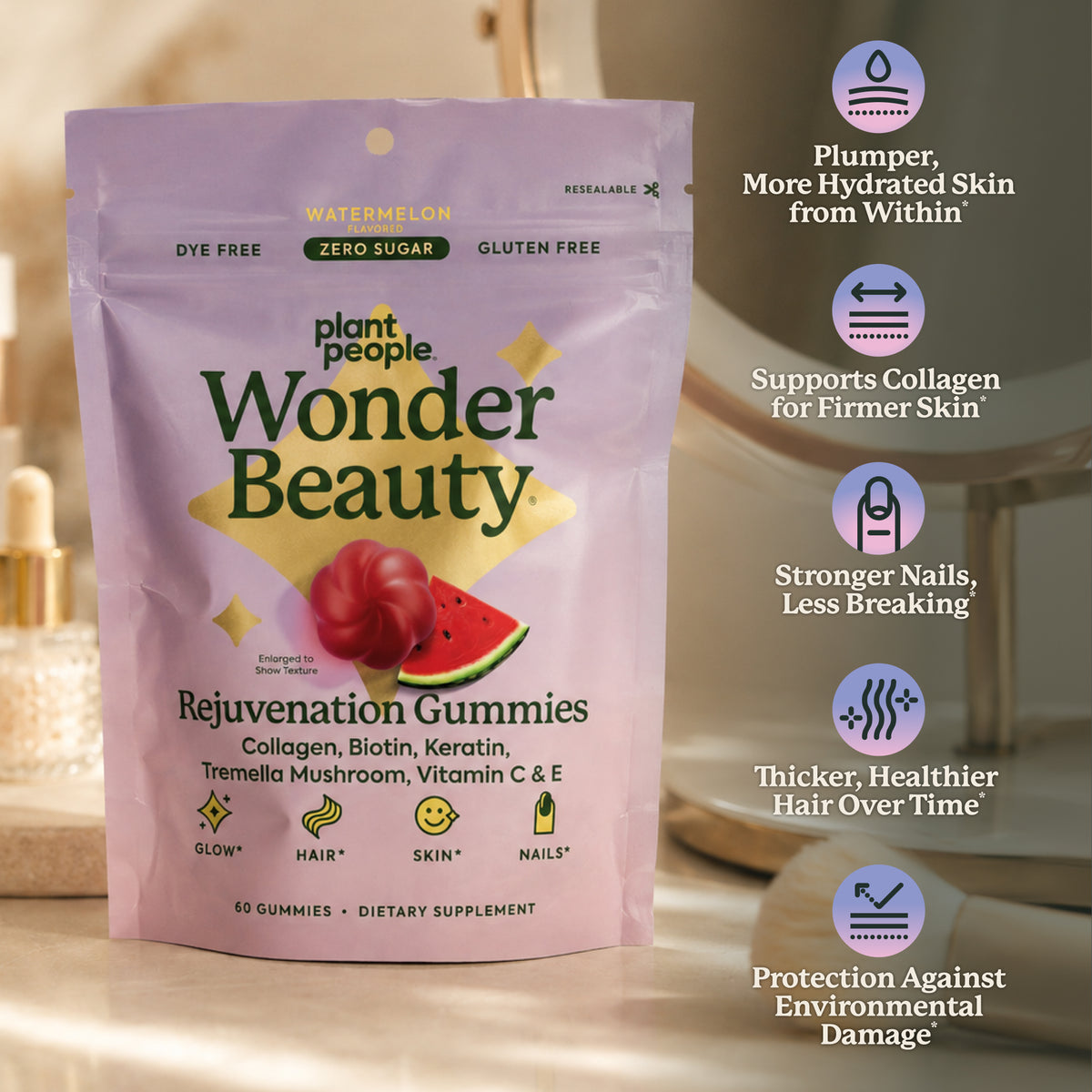 Plant People Wonder Beauty Rejuvenation Gummies pouch shown on a warm beige background with feature callout graphics on the right.