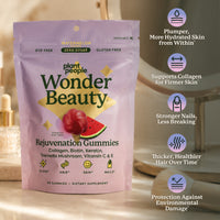 Plant People Wonder Beauty Rejuvenation Gummies pouch shown on a warm beige background with feature callout graphics on the right.