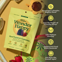 Plant People Wonder Happy Mood Support Gummies in a light yellow pouch, styled on a warm tan surface with decorative props and text callouts on the right.
