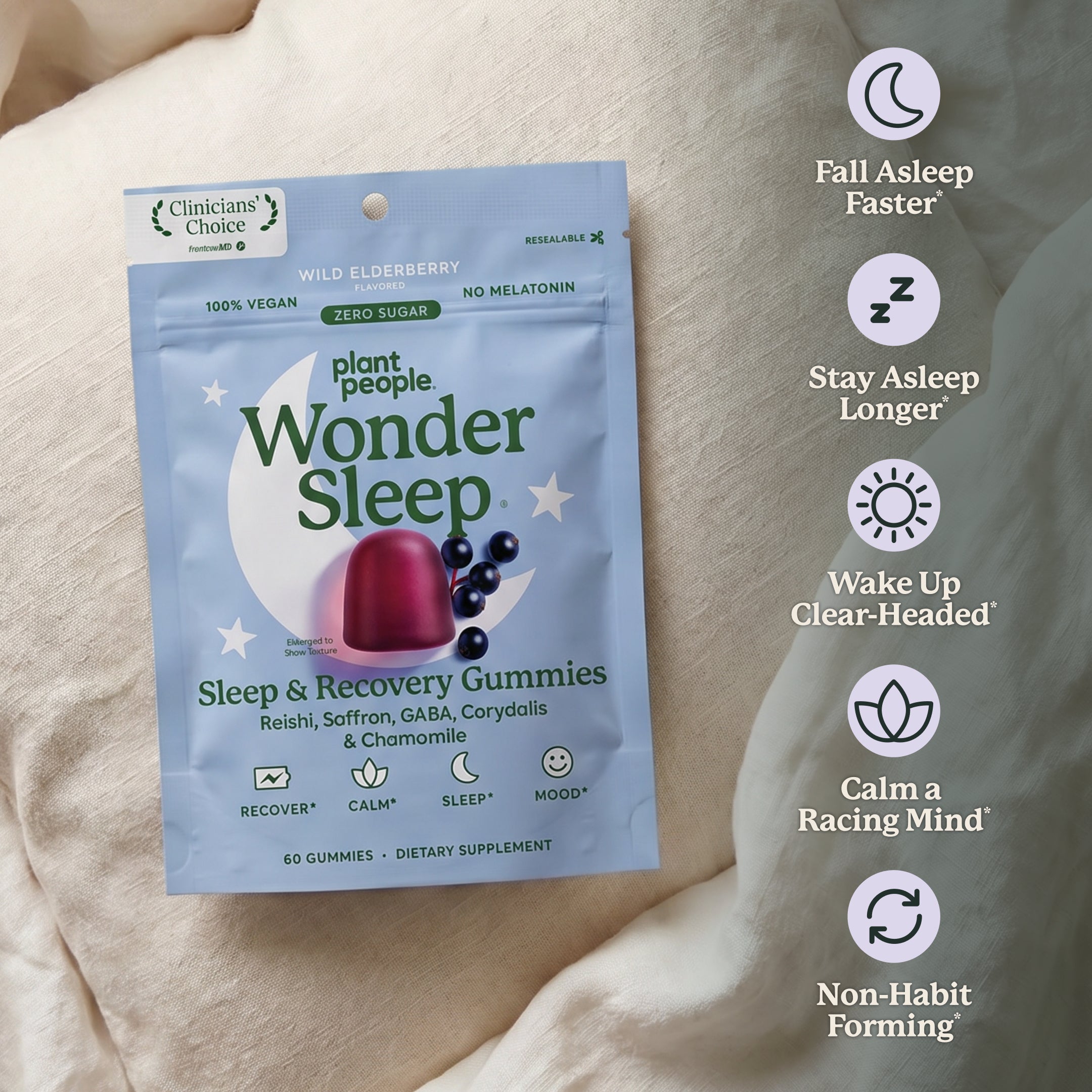 Plant People Wonder Sleep sleep and recovery gummies in a light blue stand-up pouch, displayed on a soft beige fabric background with white circular icons on the right detailing benefits like fall asleep faster and stay asleep longer.