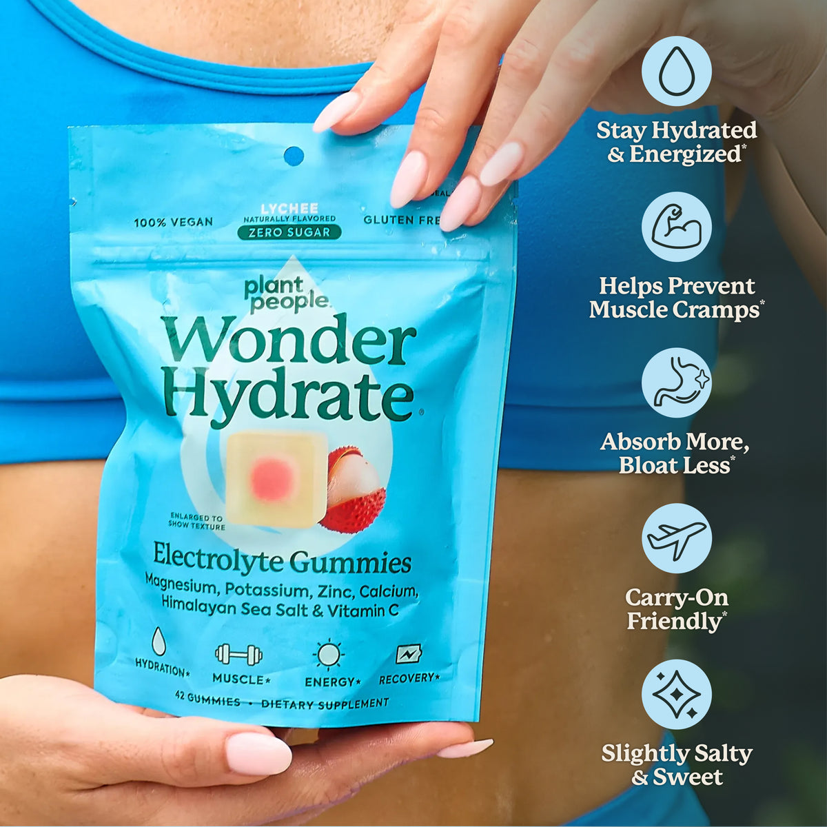 A person in a blue top holds a blue stand-up pouch of plant people Wonder Hydrate Electrolyte Gummies. The right side of the image features a vertical list of benefits with icons: Stay Hydrated & Energized, Helps Prevent Muscle Cramps, Absorb More, Bloat Less, Carry-On Friendly, and Slightly Salty & Sweet.
