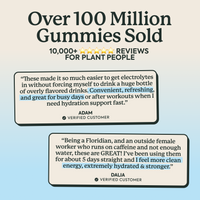 Promotional graphic with the headline 'Over 100 Million Gummies Sold' and '10,000+ REVIEWS FOR PLANT PEOPLE' above two customer review quote boxes with names Adam and Dalia.