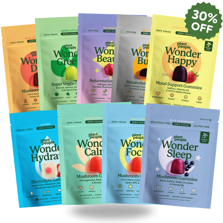 All nine Wonder trial-size gummy pouches in The Wonder Collection, including Wonder Happy, Sleep, Calm, Focus and Hydrate