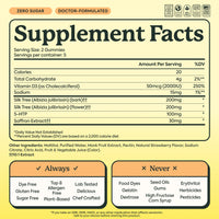 A supplement facts label for a gummy candy product. The label features a large black 'Supplement Facts' header on a white background, with product details including serving size of 2 gummies, 30 servings per container, and a list of ingredients.