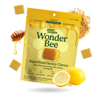Packaging of Plant People Wonder Bee Superfood Honey Chews with honey, lemons, and pollen on a white background
