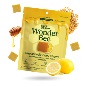 Packaging of Plant People Wonder Bee Superfood Honey Chews with honey, lemons, and pollen on a white background