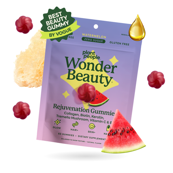 Purple package of Wonder Beauty gummies with watermelon slices and a droplet on a white background