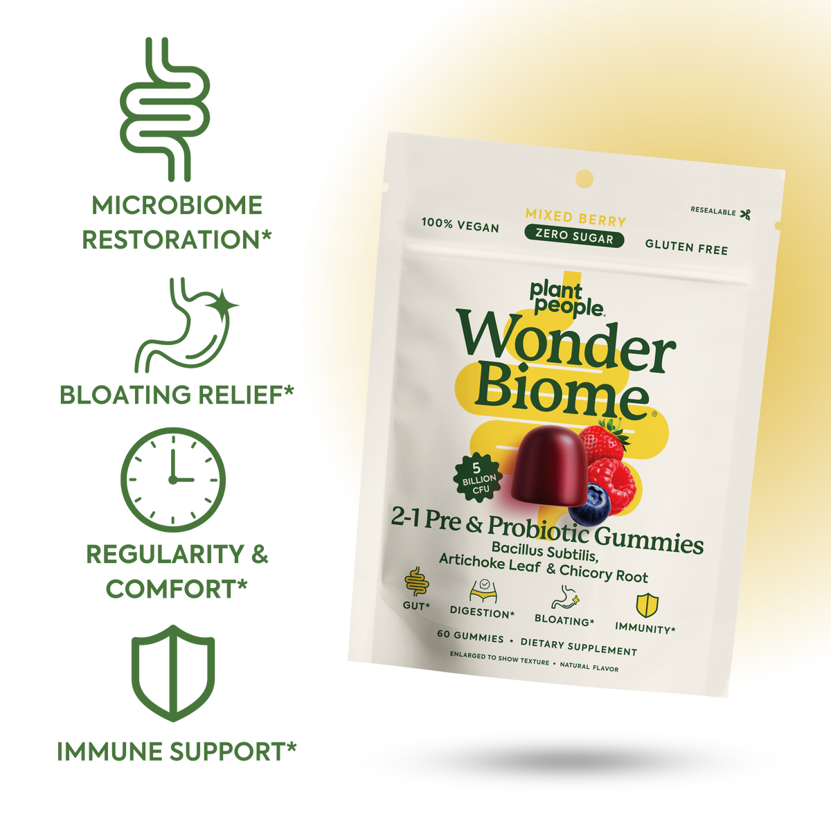 List of benefits of WonderBiome: Microbiome Restoration*, Bloating Relief*, Regularity & Comfort*, Immune Support*