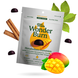 Package of Plant People Wonder Burn Metabolism Gummies with mangoes, cinnamon sticks, and leaves on a white background