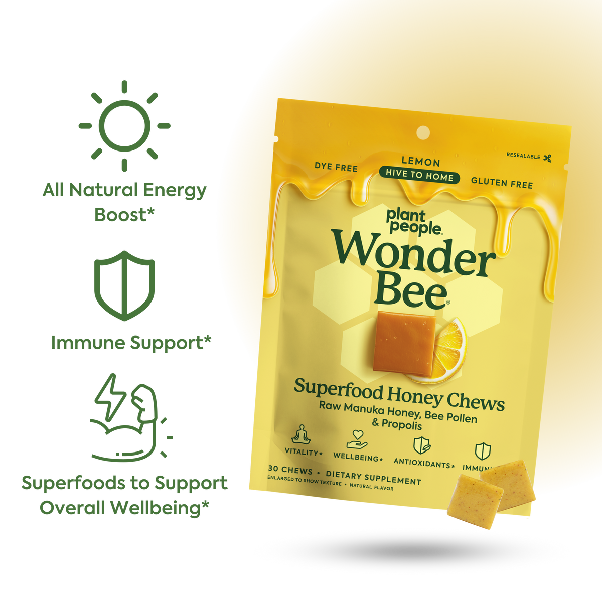 benefits of wonderbee chews, all natural energy boost, immune support, superfoods to support overall wellbeing