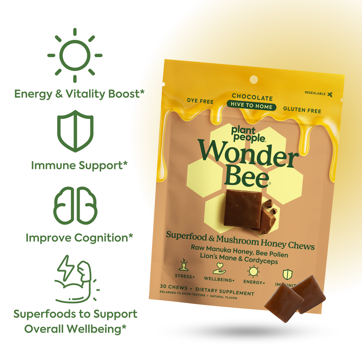 WonderBee Superfood and Mushroom Honey Chews' Benefits: Energy and Vitality boost, immune support, improve cognition, superfoods to support overall wellbeing