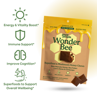 WonderBee Superfood and Mushroom Honey Chews' Benefits: Energy and Vitality boost, immune support, improve cognition, superfoods to support overall wellbeing