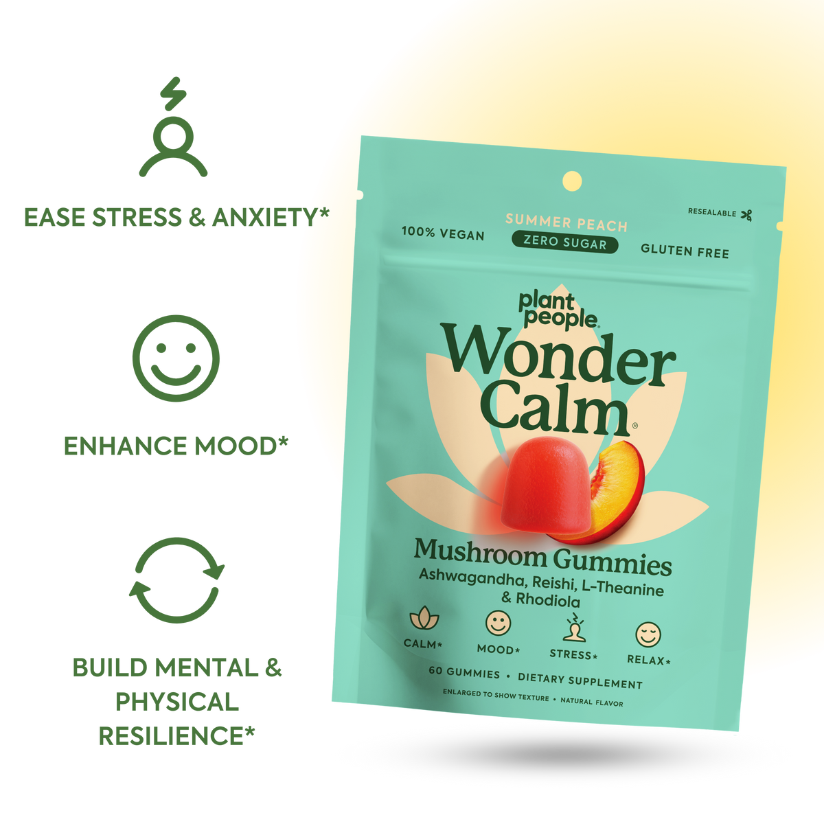 WonderCalm Mushroom Gummies-Plant People Benefits: Ease Stress and Anxiety, Enhance Mood, Build Mental and Physical Resilience