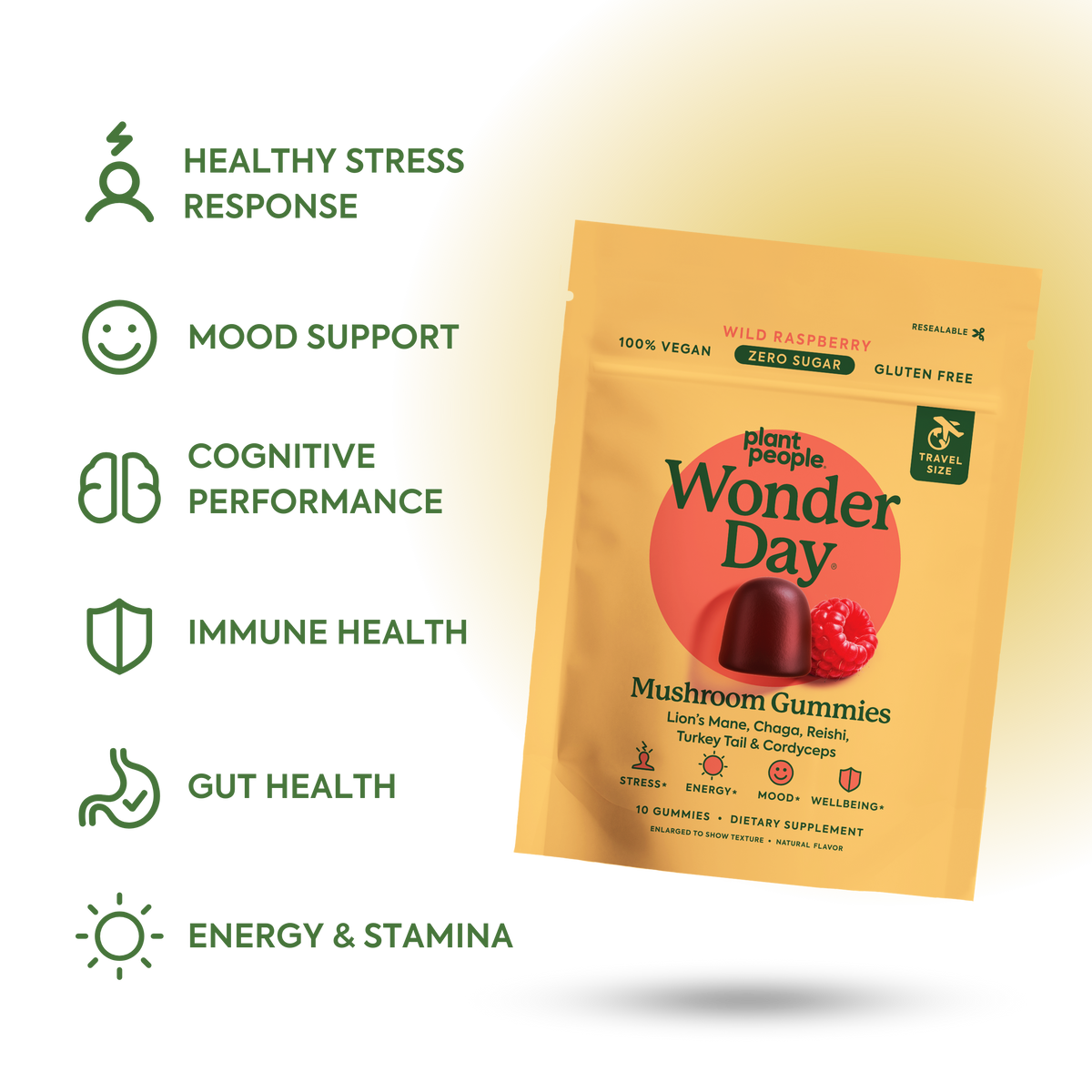 Packaging of Wonder Day mushroom gummies with health benefits listed on a light yellow background