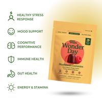 Packaging of Wonder Day mushroom gummies with health benefits listed on a light yellow background