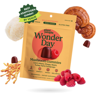 Standard Strength, Double Strength, Packaging of Wonder Day mushroom gummies with mushrooms and raspberries on a white background