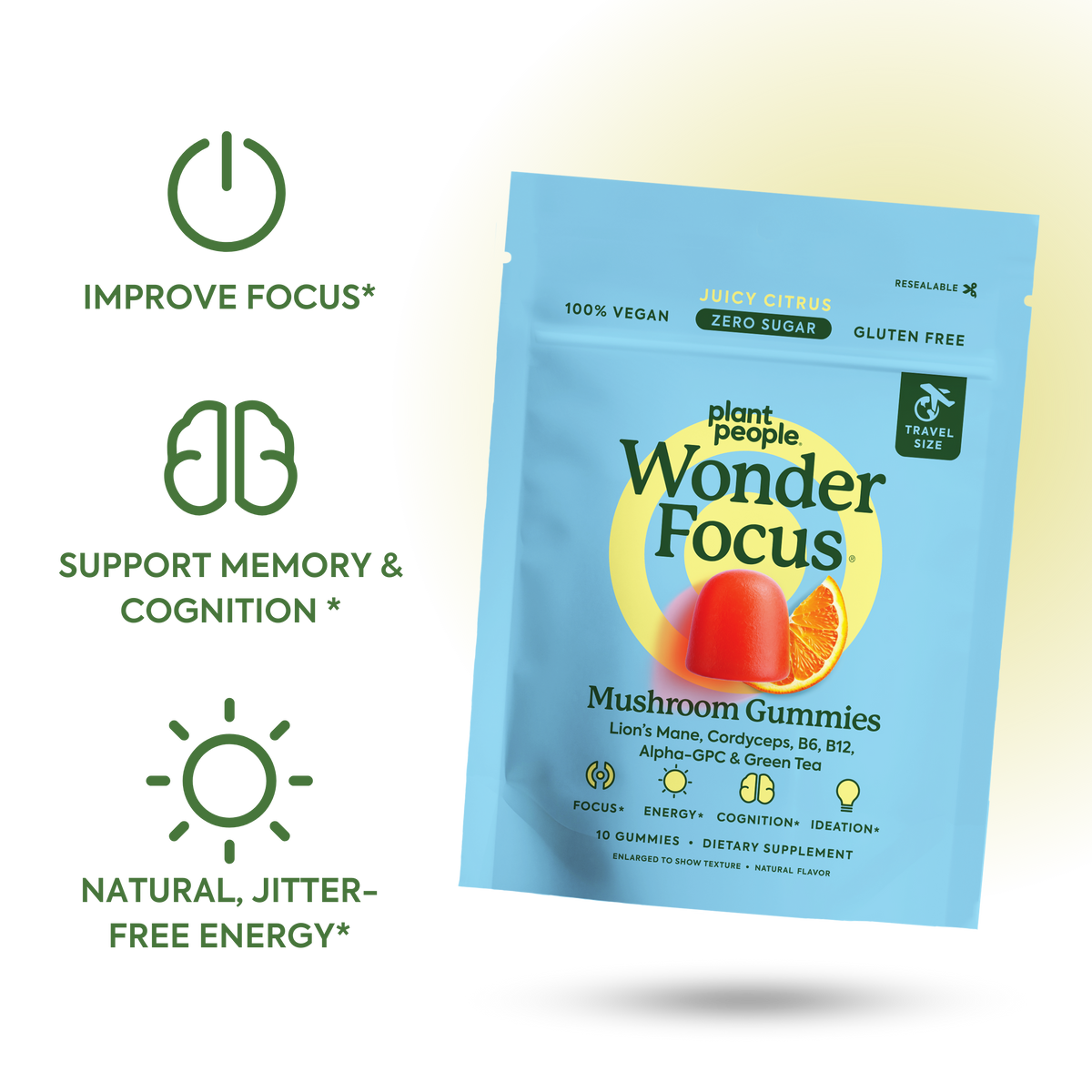 Packaging of Wonder Focus mushroom gummies with benefits listed on a white background