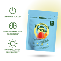 Packaging of Wonder Focus mushroom gummies with benefits listed on a white background