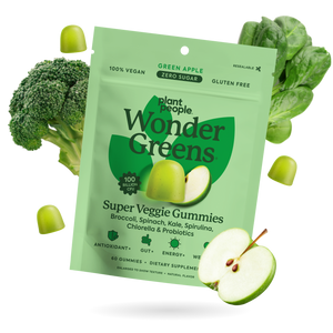 Packaging of Plant People Wonder Greens Super Veggie Gummies with green apple, broccoli, and spinach on a white background.