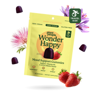 Plant People Wonder Happy Mood Support Gummies in a travel-size pouch, shown with three dark purple gummies, fresh strawberries, and flowers on a white background.