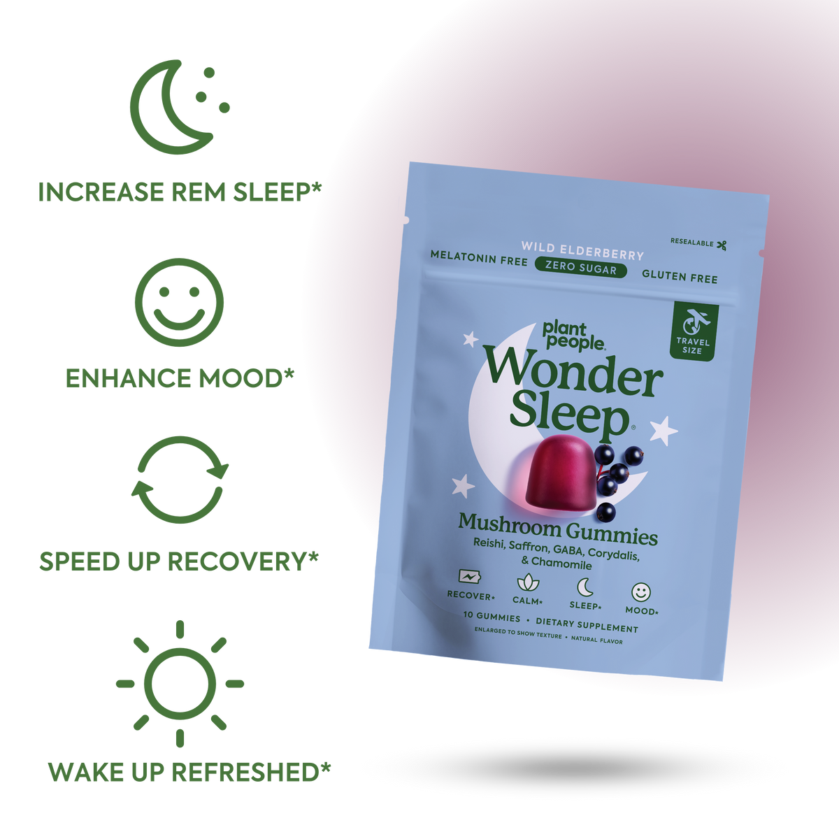 Plant People Wonder Sleep mushroom gummies packaging with benefits listed on a white background